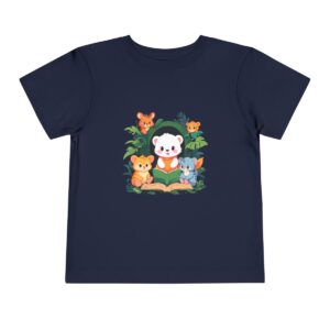 Toddler short sleeve tee with a baby animals design featuring a white animal reading a book surrounded by other animals on a navy blue background