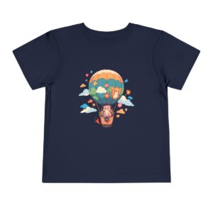 Toddler short sleeve tee with a jungle animals design featuring animals in a hot air balloon on a navy blue background