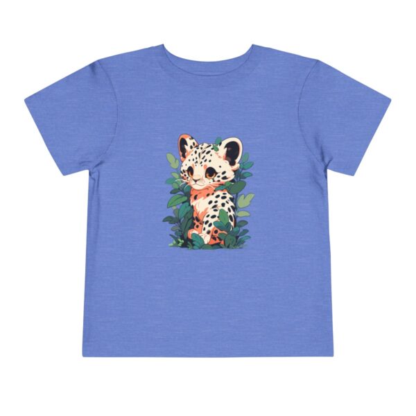 Toddler short sleeve tee with a baby leopard design on a light blue background