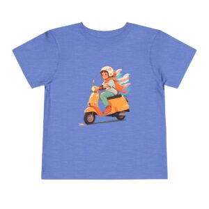 Toddler Short Sleeve Tee with a smiling rider on a scooter and colorful scarf design