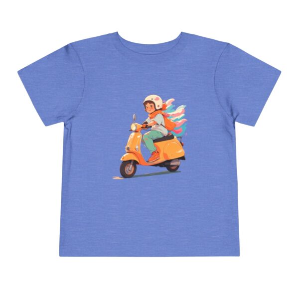 Toddler Short Sleeve Tee with a smiling rider on a scooter and colorful scarf design