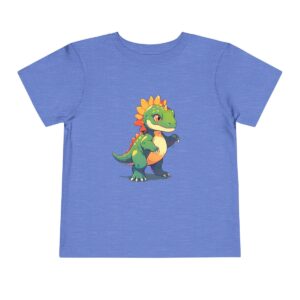 Toddler short sleeve tee with a baby Allosaurus design on a blue background