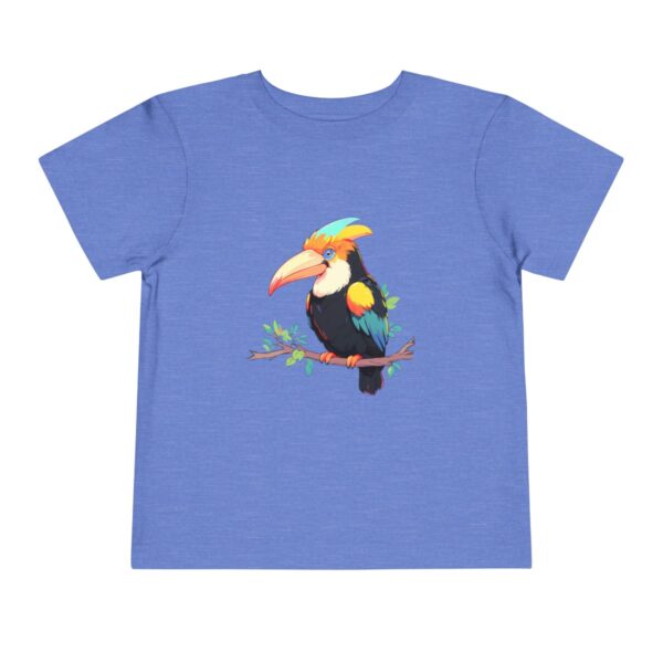 Toddler short sleeve tee with a colorful toucan design on a blue background