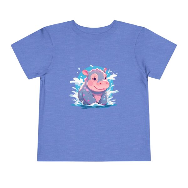 Toddler short sleeve tee with a cute hippo design on a blue background