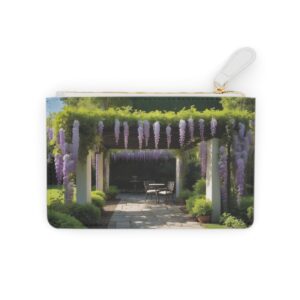 Elegant wisteria vines cascading over a shaded pergola on a Mini Clutch Bag.