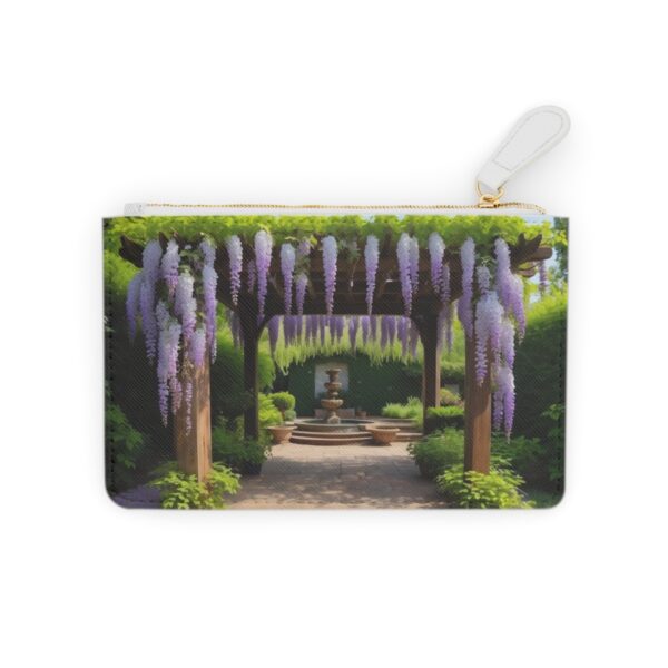 Wisteria vines cascading over a shaded pergola on a Mini Clutch Bag.