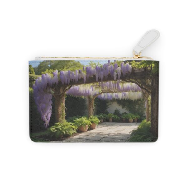 Cascading wisteria vines over a shaded pergola on a Mini Clutch Bag.