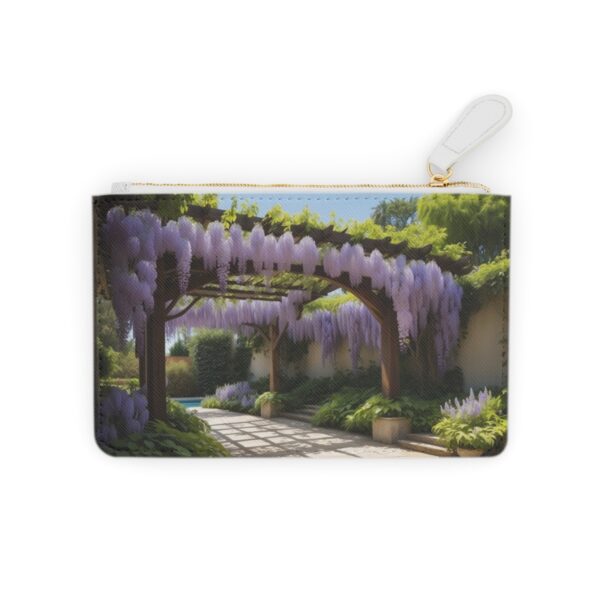 Elegant wisteria vines draped over a shaded pergola on a Mini Clutch Bag.