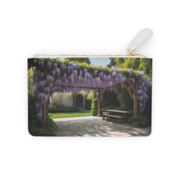 Cascading wisteria vines over a shaded pergola on a Mini Clutch Bag.