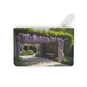 legant wisteria vines draped over a shaded pergola on a Mini Clutch Bag.