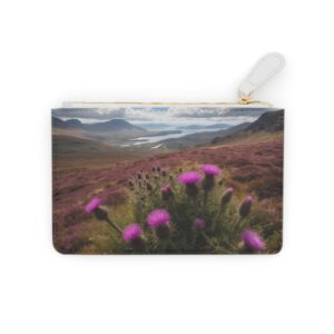 Serene thistles and heather in the Scottish highlands on a Mini Clutch Bag.