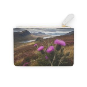 Thistles and heather with a rugged Scottish highlands motif on a Mini Clutch Bag.