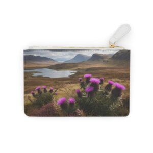 Serene thistles and heather in the Scottish highlands on a Mini Clutch Bag.