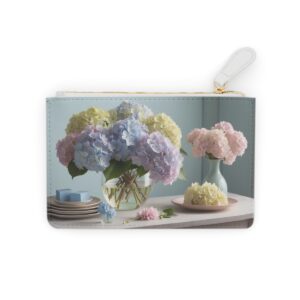 Serene hydrangea clusters with a soft pastel palette on a Mini Clutch Bag.