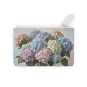 Dreamy hydrangea clusters in a soft pastel palette on a Mini Clutch Bag.