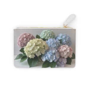 Soft pastel hydrangea clusters with a dreamy ambiance on a Mini Clutch Bag.