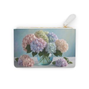 Hydrangea clusters with a soft pastel palette and a dreamy ambiance on a Mini Clutch Bag.