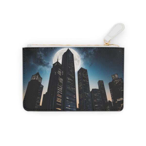 Luxurious Mini Clutch Bag with Skyscraper Silhouettes and Metallic Accents Against a Night Sky