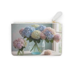 Dreamy hydrangea clusters in a soft pastel palette on a Mini Clutch Bag.