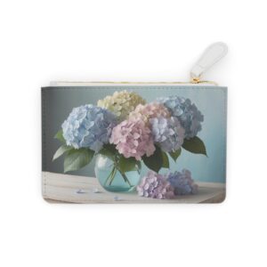 Soft pastel hydrangea clusters with a dreamy ambiance on a Mini Clutch Bag.