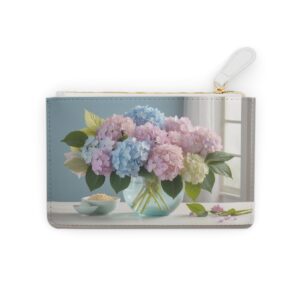 Hydrangea clusters with a soft pastel palette and a dreamy ambiance on a Mini Clutch Bag.