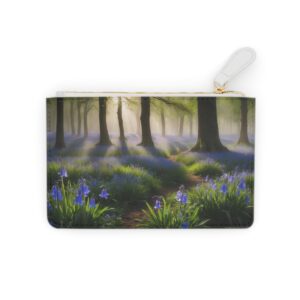 Fresh dewy morning garden with bluebells on a Mini Clutch Bag.