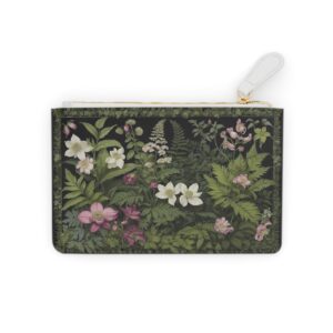 Ferns and blooming hellebores in a botanical tapestry on a Mini Clutch Bag.