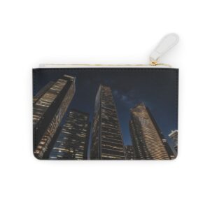 Elegant Mini Clutch Bag with Skyscraper Silhouettes and Metallic Accents Against a Night Sky