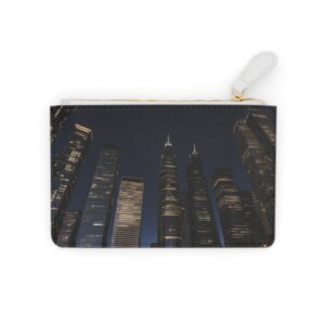 Chic Mini Clutch Bag with Skyscraper Silhouettes and Metallic Accents Against a Night Sky