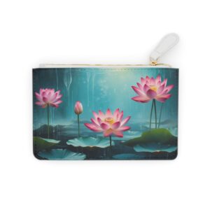 Elegant lotus flowers in full bloom with an abstract watery background on a Mini Clutch Bag.