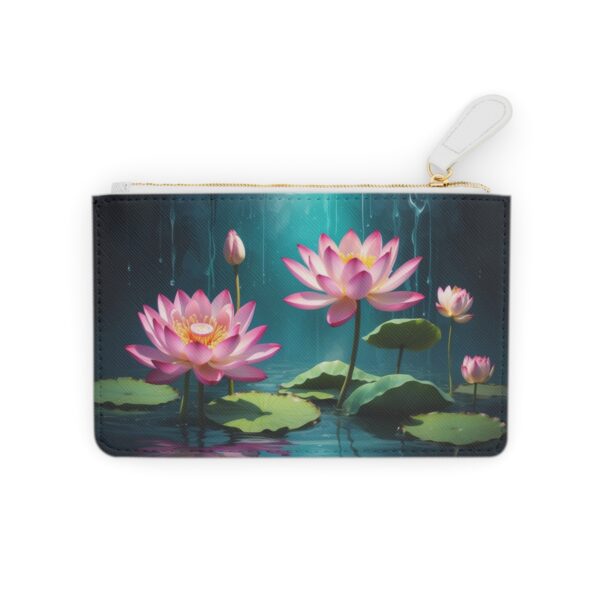 Artistic pink lotus flowers blooming in an abstract water setting on a Mini Clutch Bag.