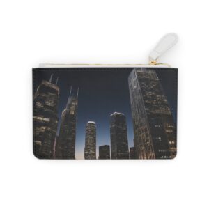 Stylish Mini Clutch Bag with Skyscraper Silhouettes and Metallic Accents Against a Night Sky