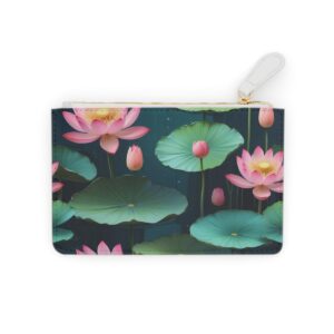 Stylized pink lotus flowers with green lily pads in an abstract water setting on a Mini Clutch Bag.