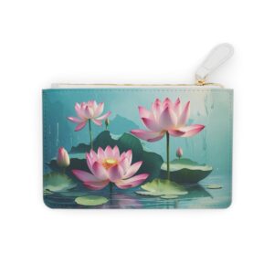 Elegant lotus flowers in an abstract water landscape on a Mini Clutch Bag.