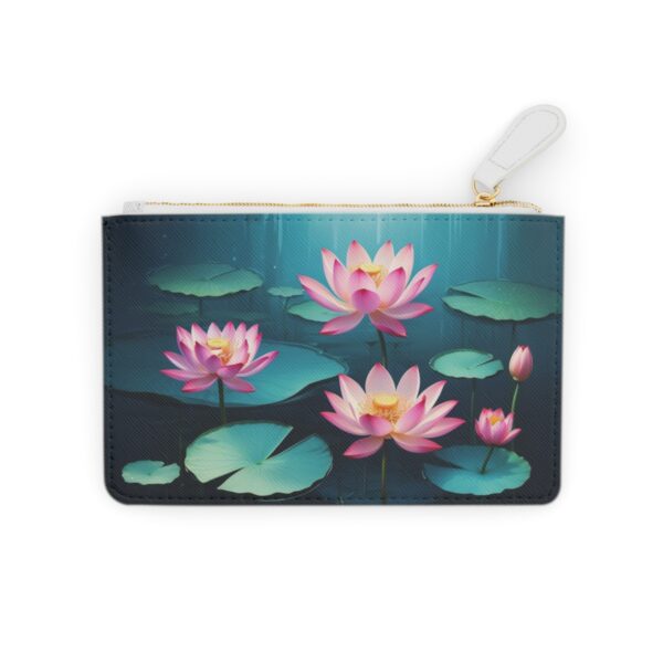 Stylized pink lotus flowers floating on water with an abstract background on a Mini Clutch Bag.