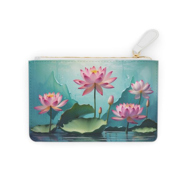 Stylized lotus flowers emerging from an abstract watery background on a Mini Clutch Bag.