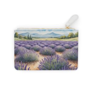 A panoramic view of a lavender field with mountains in the background on a Mini Clutch Bag.