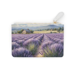 A picturesque lavender field with a rustic house in the background on a Mini Clutch Bag.