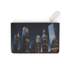 Elegant Mini Clutch Bag with Skyscraper Silhouettes and Metallic Accents Against a Night Sky