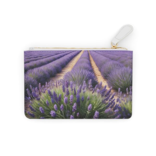 Mini clutch bag with lavender field in full bloom, watercolor detailing