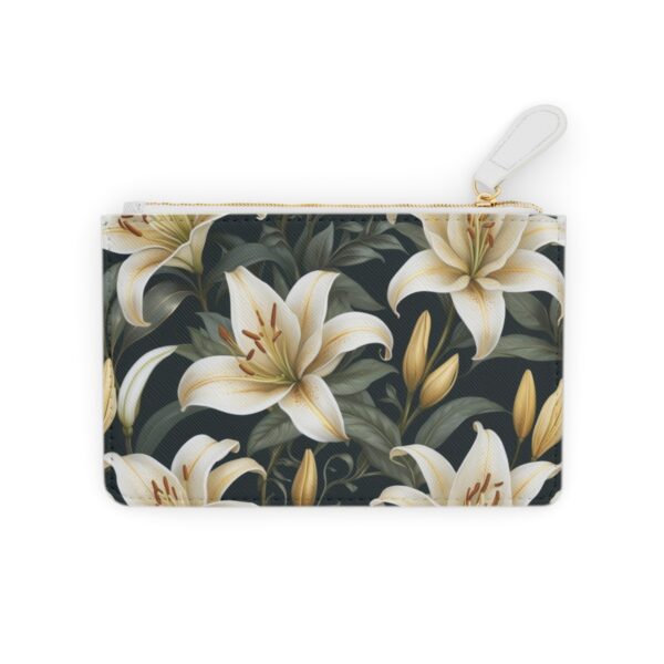 Mini clutch bag with lilies interwoven with golden filigree accents