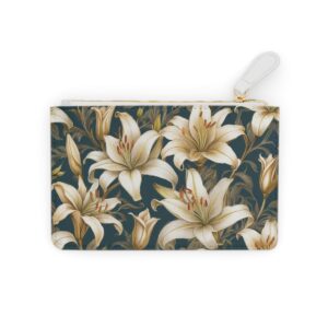 Mini clutch bag with delicate lilies interwoven with golden filigree accents