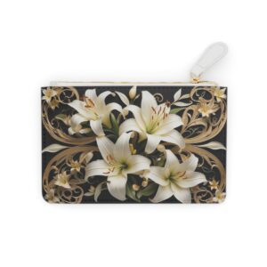 Mini clutch bag with lilies interwoven with golden filigree accents