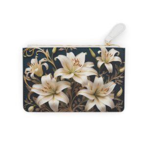 Mini clutch bag with delicate lilies interwoven with golden filigree accents