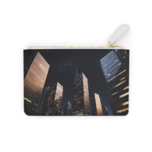 Luxurious Mini Clutch Bag with Skyscraper Silhouettes and Metallic Accents Against a Night Sky