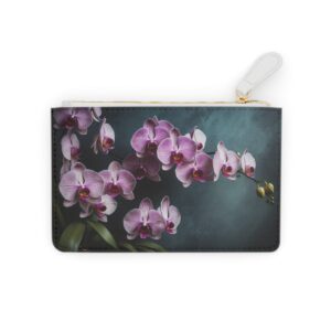 Mini clutch bag with a luxurious cascade of purple orchids and velvet backdro