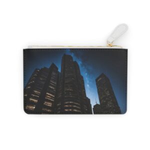 Stylish Mini Clutch Bag with Skyscraper Silhouettes and Metallic Accents Against a Night Sky