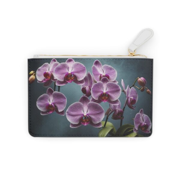 Mini clutch bag with a cascade of purple orchids against a backdrop of soft velvet textures