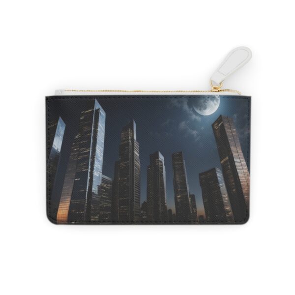 Chic Mini Clutch Bag with Skyscraper Silhouettes and Metallic Accents Against a Night Sky