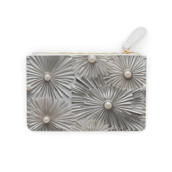 Chic Mini Clutch Bag with Streamlined Sunburst Motifs in Silver and Pearl Tones